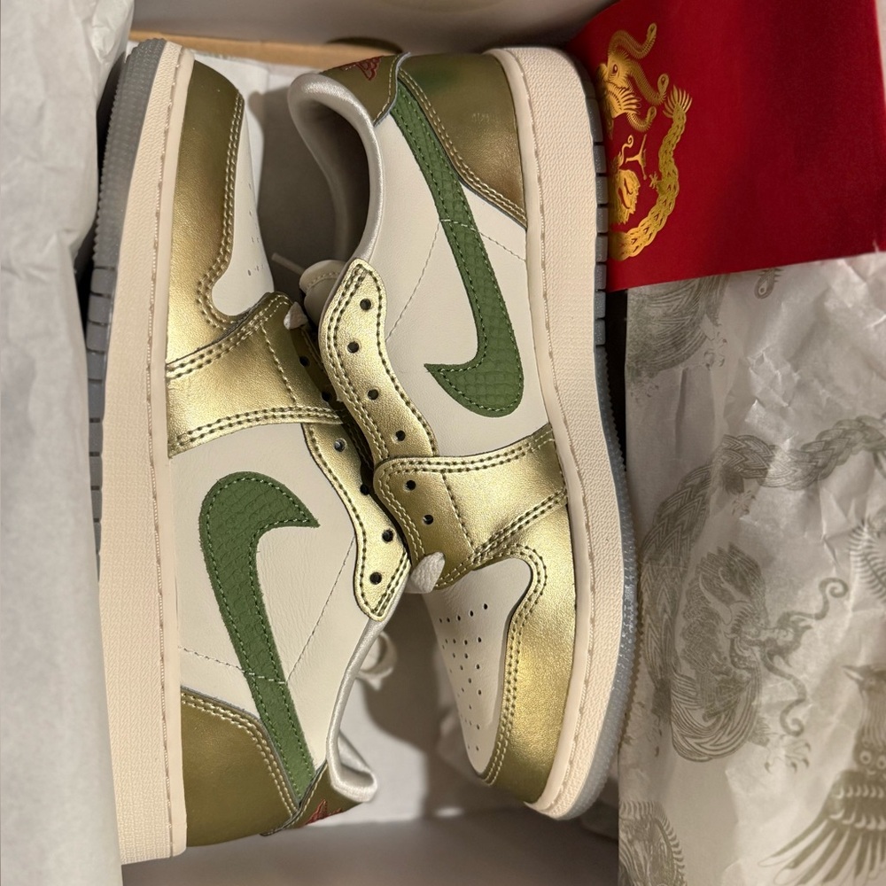 Jordan 1 Low OG Gold and Green Sneakers